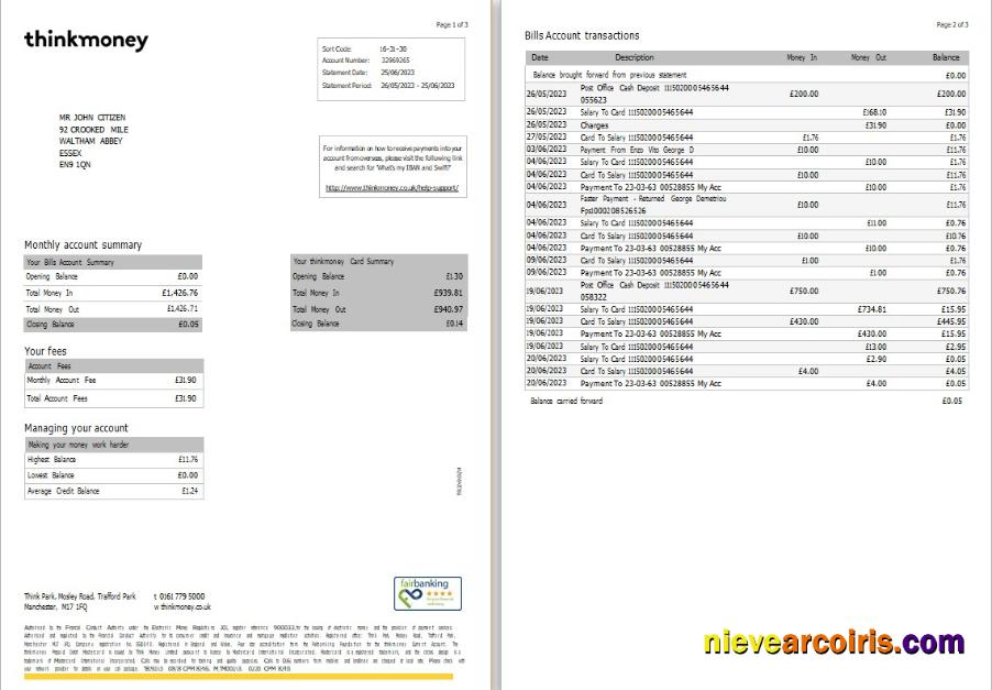 United Kingdom Think Money bank statement Word and PDF, 3 pages